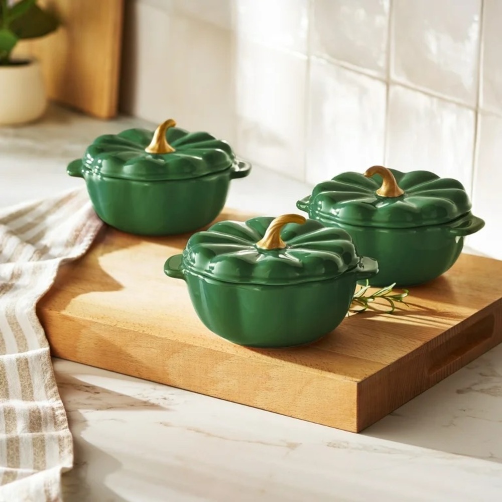 The Pioneer Woman Stoneware Pumpkin Cocottes with Lids, set of 3 green